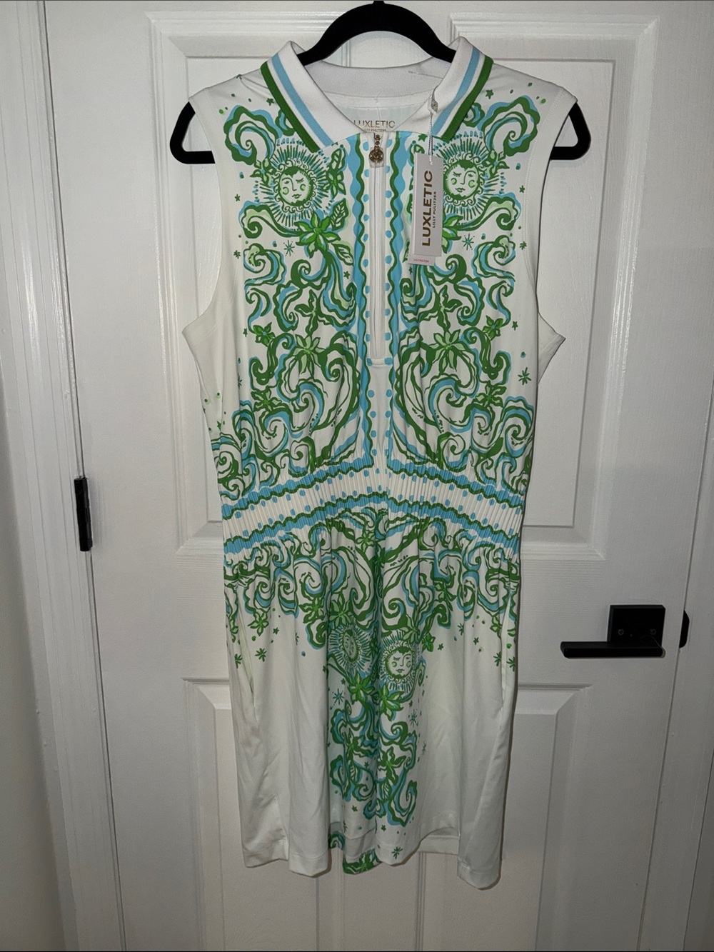 Lilly Pulitzer White Sleeveless Celestial Dress with Green Scroll Print